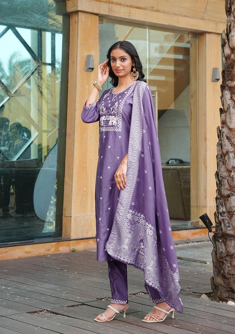 Purple Embroidered Vatican Kurta Set - Indya