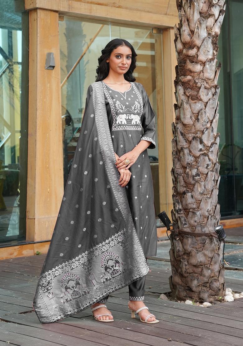 Grey Embroidered Vatican Kurta Set - Indya