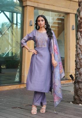 Grey Embroidered Silk Blend Kurta Set