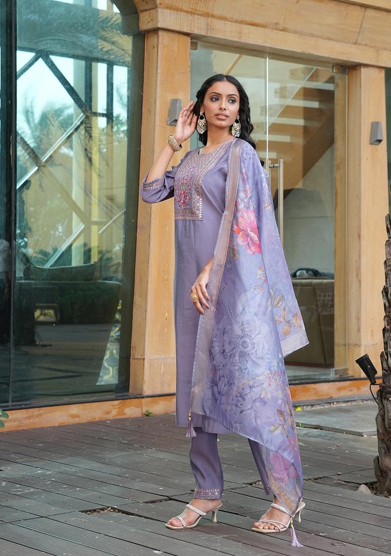 Grey Embroidered Silk Blend Kurta Set - Indya