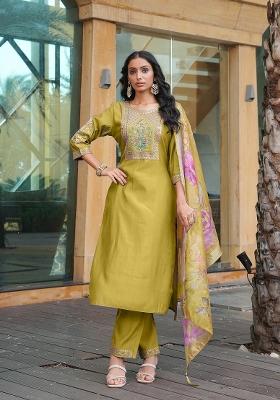 Yellow Embroidered Silk Blend Kurta Set