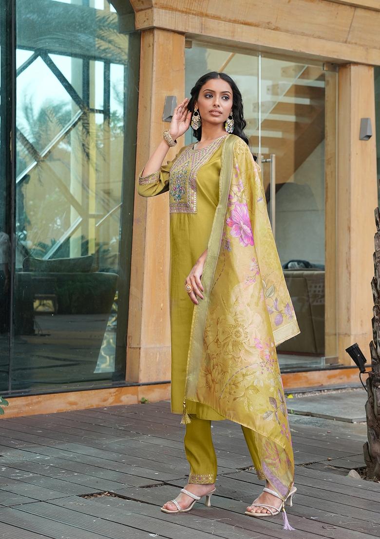 Yellow Embroidered Silk Blend Kurta Set - Indya