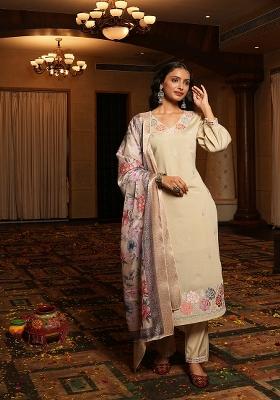 Cream Embroidered Silk Blend Kurta Set