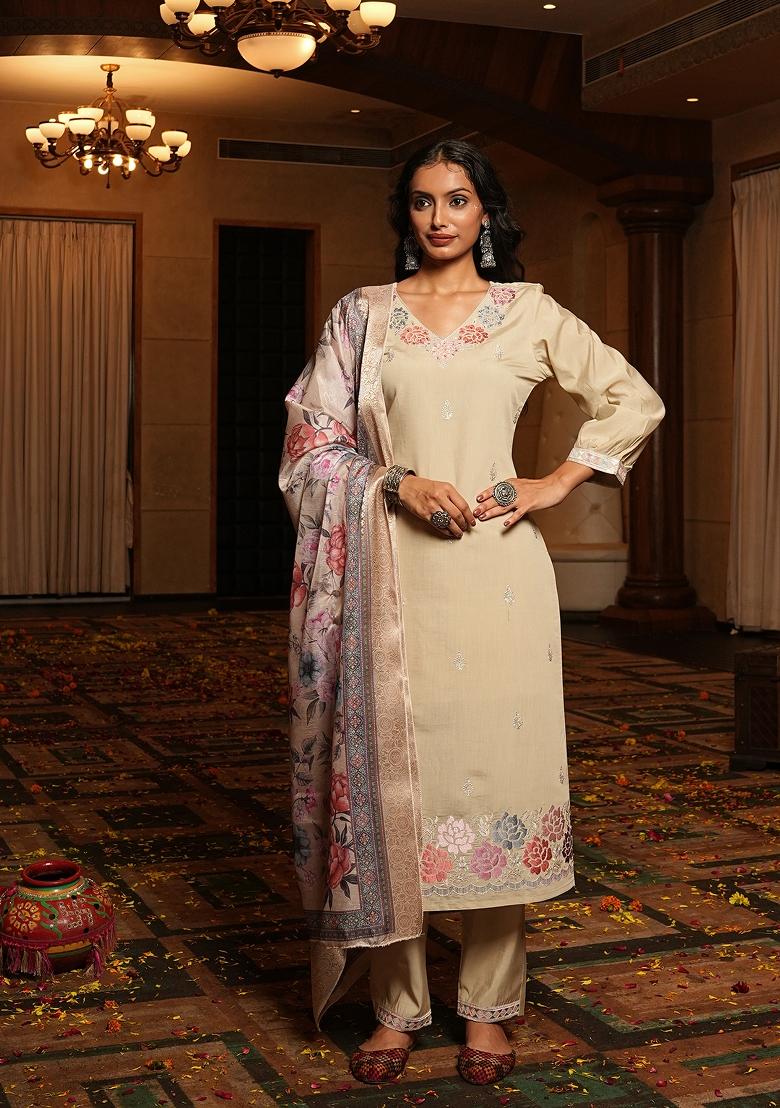 Cream Embroidered Silk Blend Kurta Set - Indya