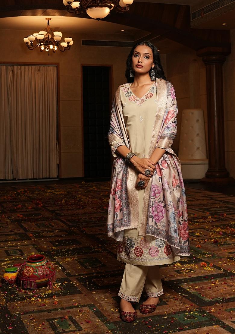Cream Embroidered Silk Blend Kurta Set - Indya