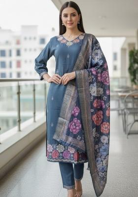 Aqua Blue Embroidered Silk Blend Kurta Set