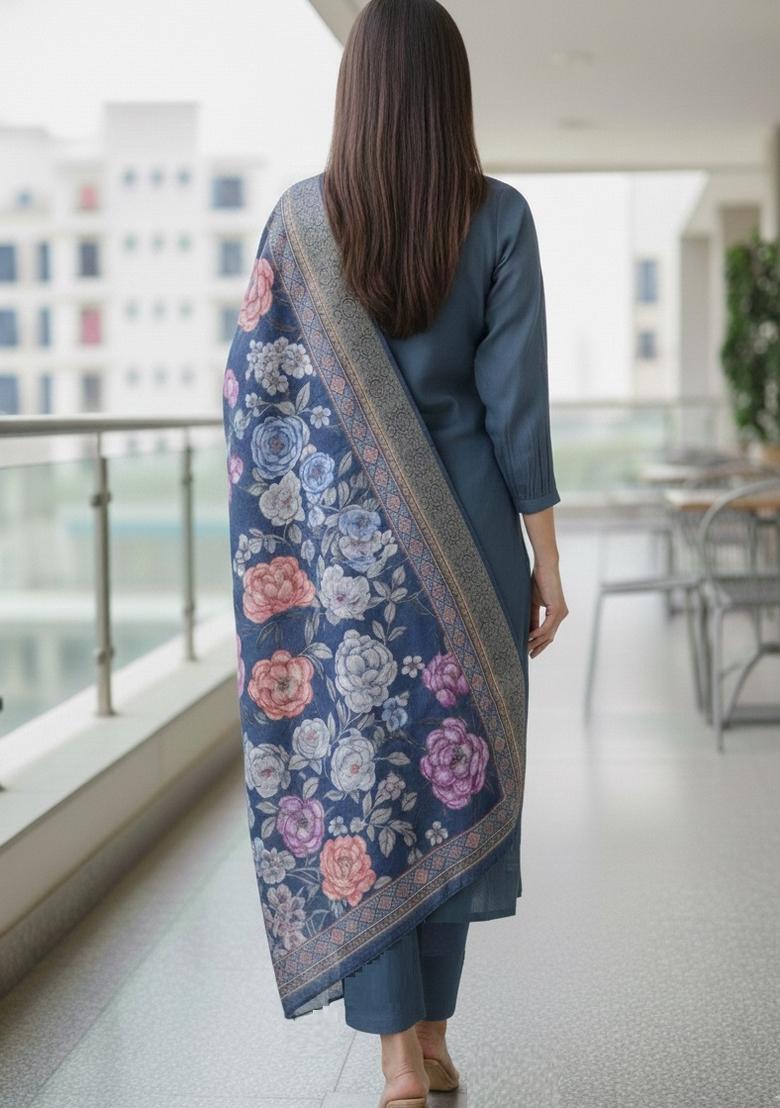 Aqua Blue Embroidered Silk Blend Kurta Set - Indya