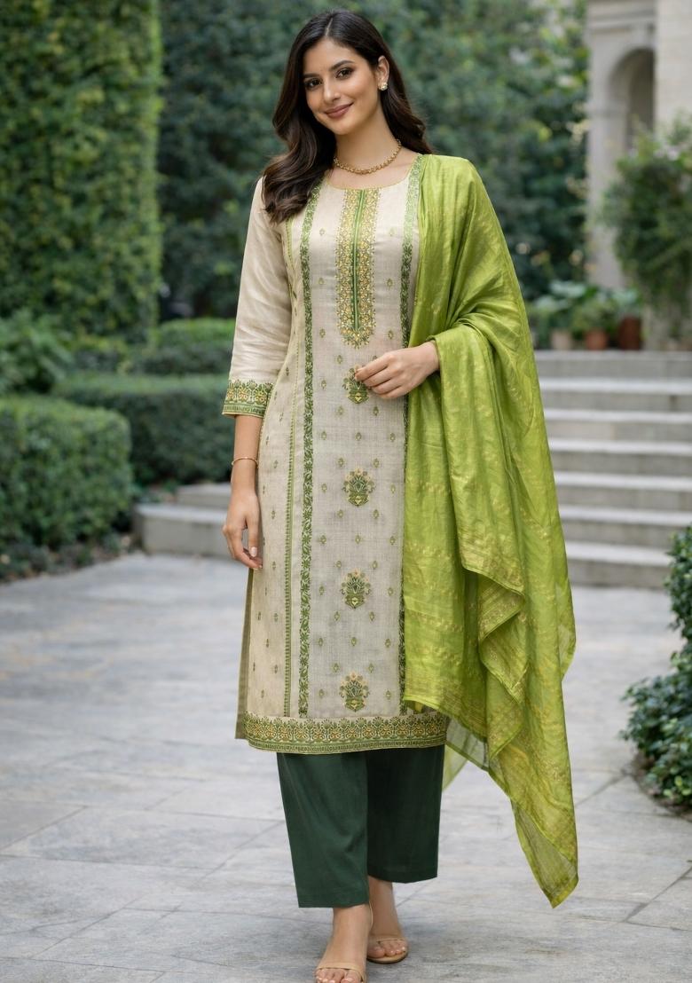 Green Woven Silk Blend Kurta Set - Indya