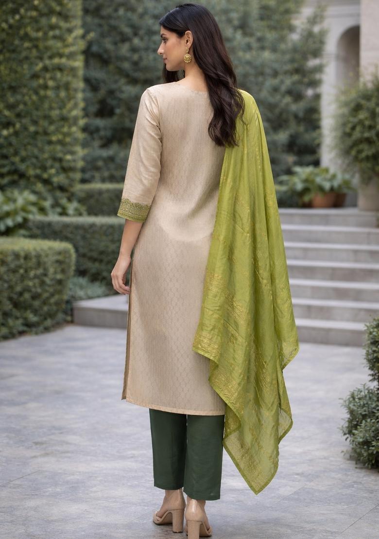 Green Woven Silk Blend Kurta Set - Indya