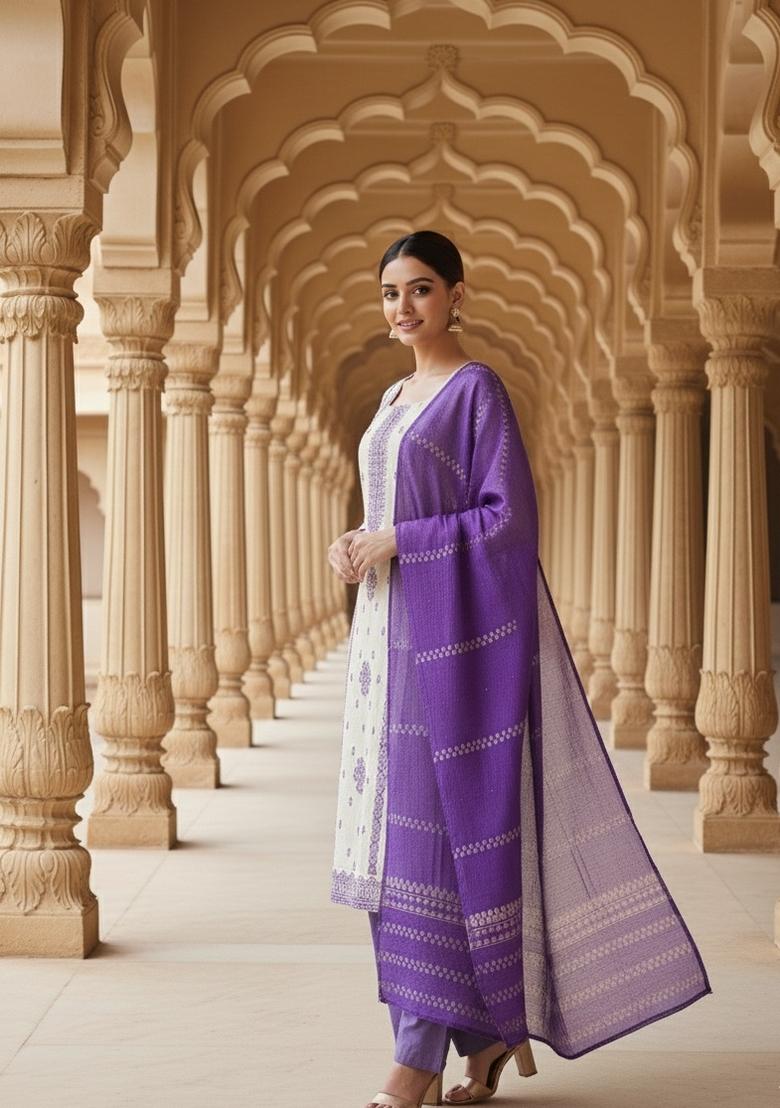 Lavender Woven Silk Blend Kurta Set - Indya
