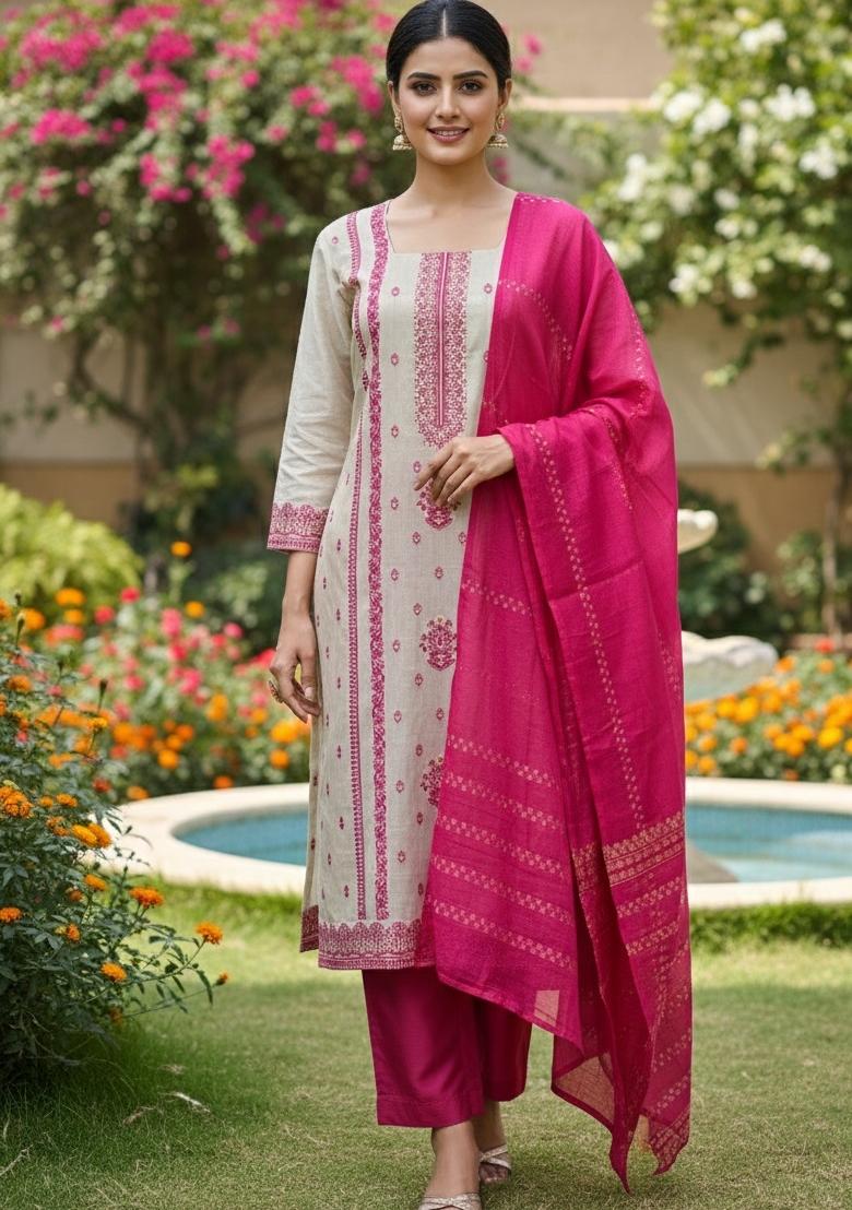 Pink Woven Silk Blend Kurta Set - Indya