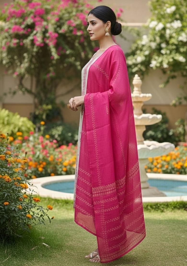 Pink Woven Silk Blend Kurta Set - Indya