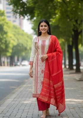 Red Woven Silk Blend Kurta Set