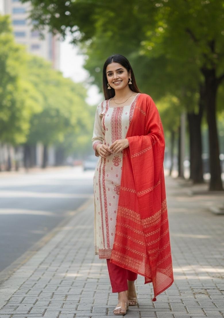 Red Woven Silk Blend Kurta Set - Indya