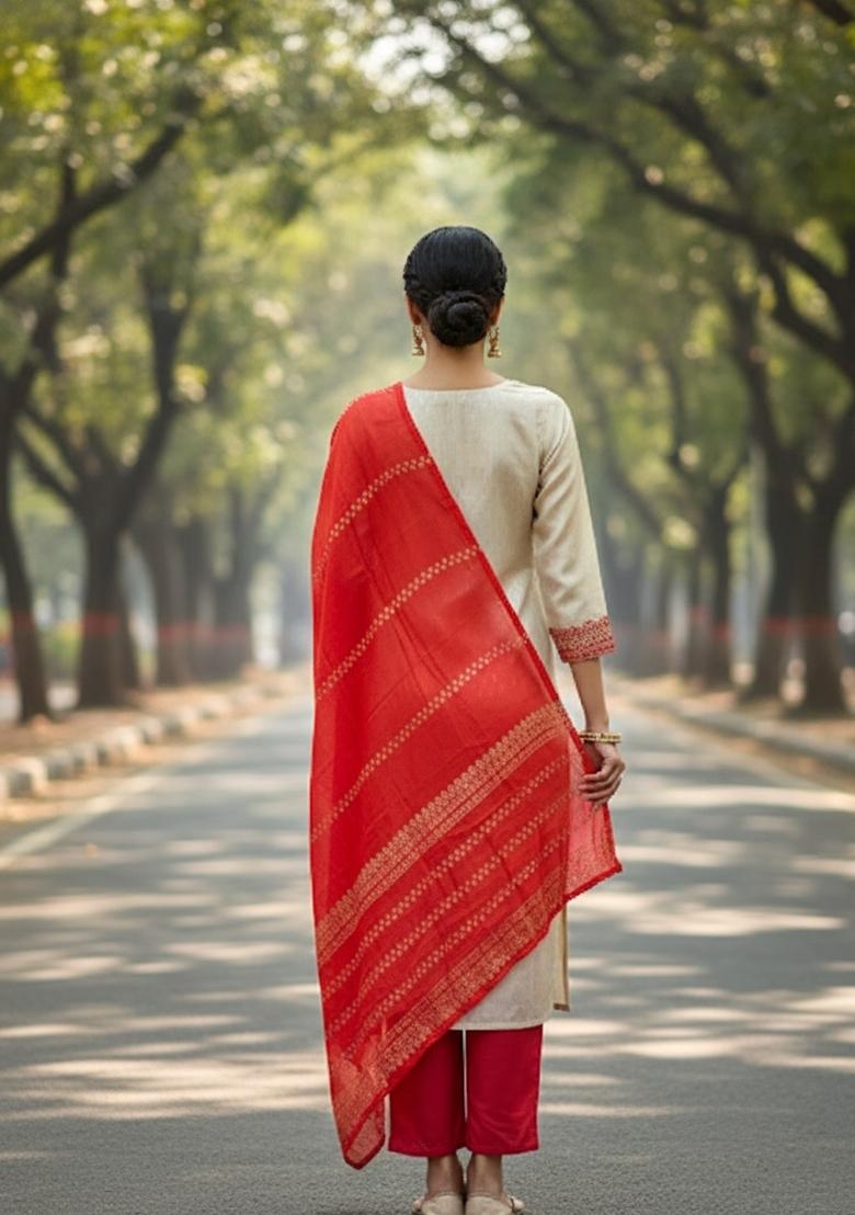 Red Woven Silk Blend Kurta Set - Indya