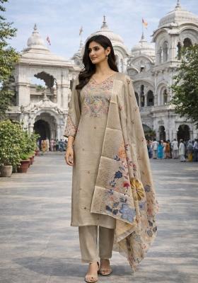Beige Embroidered Silk Blend Kurta Set