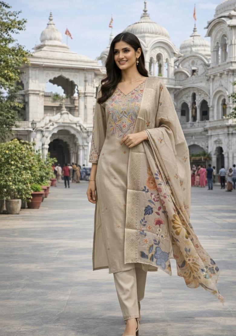 Beige Embroidered Silk Blend Kurta Set - Indya