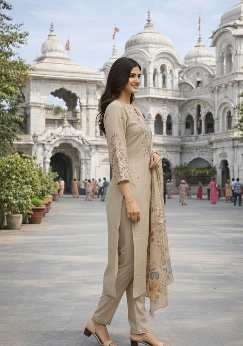 Beige Embroidered Silk Blend Kurta Set - Indya