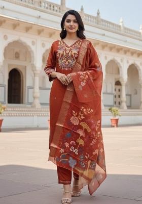 Orange Embroidered Silk Blend Kurta Set