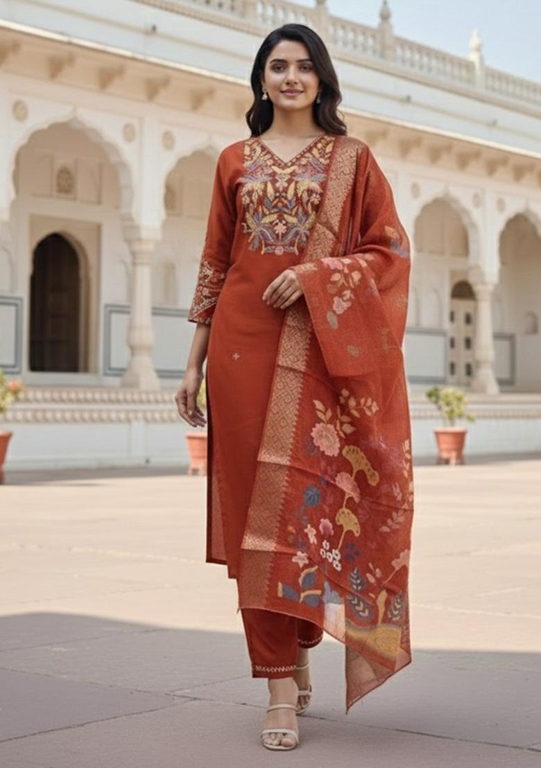 Orange Embroidered Silk Blend Kurta Set - Indya