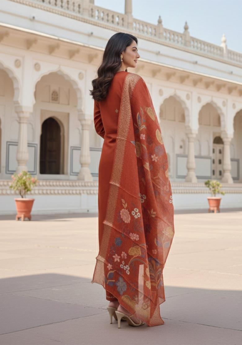 Orange Embroidered Silk Blend Kurta Set - Indya