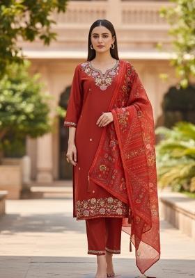 Orange Embroidered Silk Blend Kurta Set