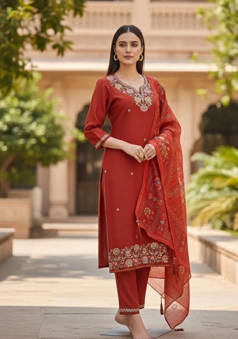Orange Embroidered Silk Blend Kurta Set - Indya