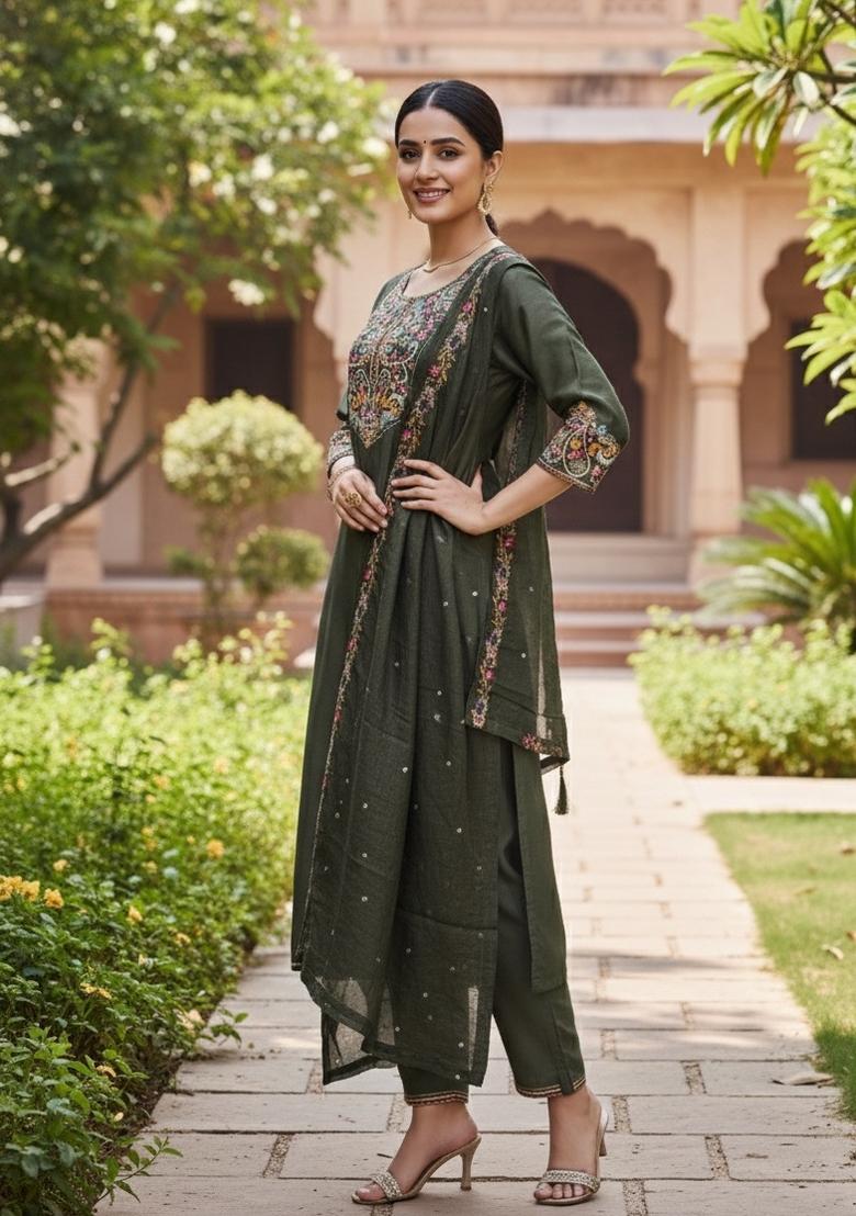 Mehendi Embroidered Silk Blend Kurta Set - Indya