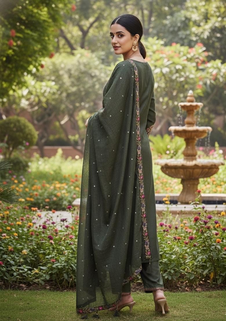 Mehendi Embroidered Silk Blend Kurta Set - Indya
