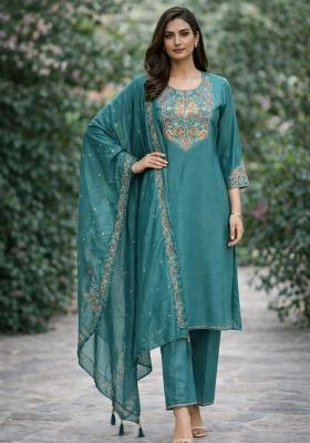 Teal Green Embroidered Silk Blend Kurta Set