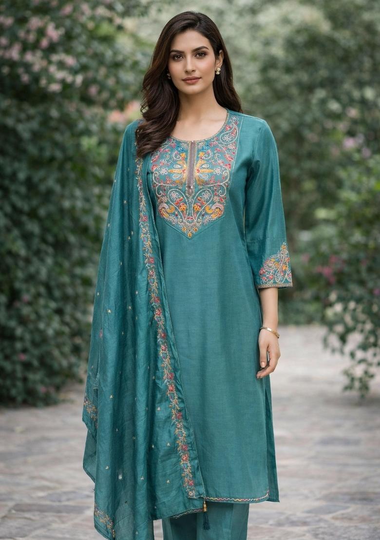 Teal Green Embroidered Silk Blend Kurta Set - Indya