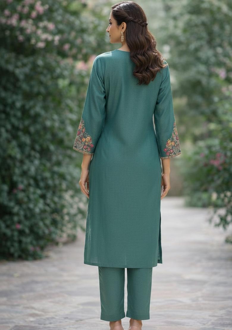 Teal Green Embroidered Silk Blend Kurta Set - Indya