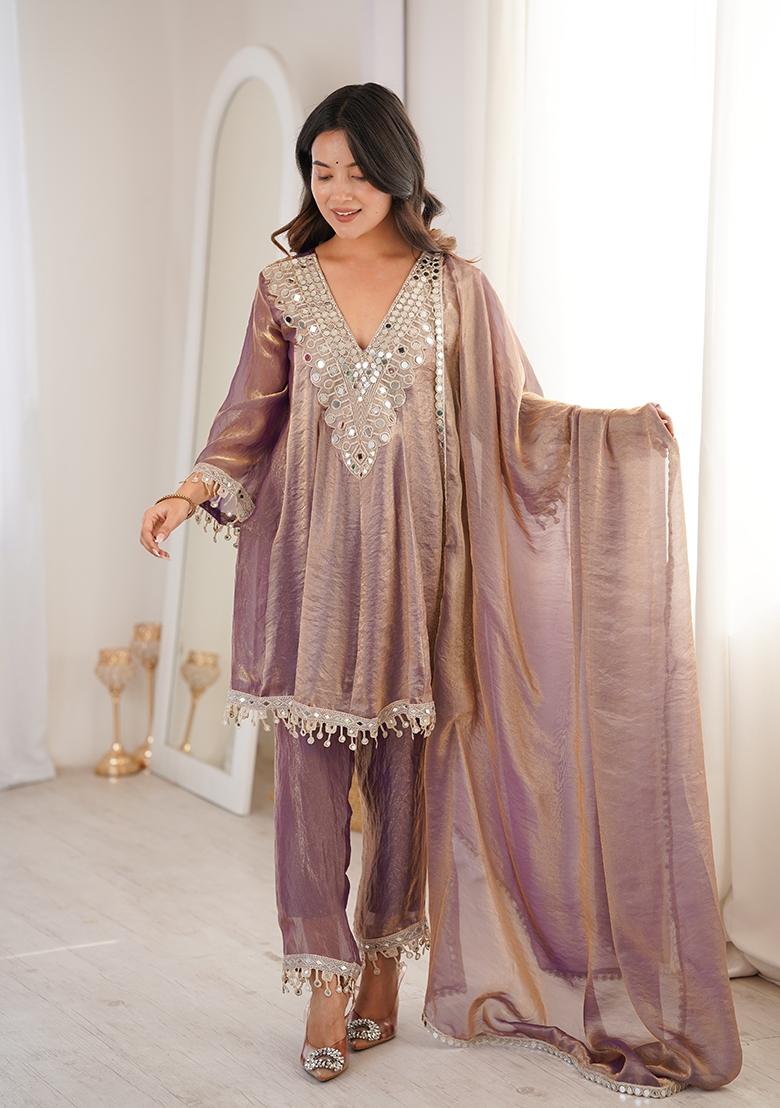 Purple Embroidered Fendy Kurta Set - Indya