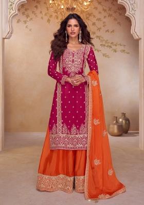 Magenta Embroidered Chinon Kurta Set