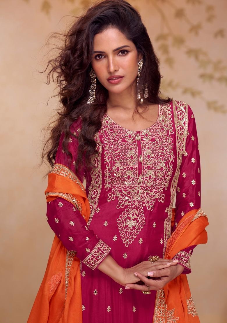 Magenta Embroidered Chinon Kurta Set - Indya
