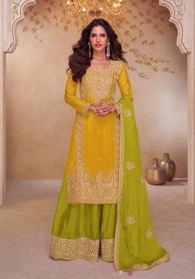 Yellow Embroidered Chinon Kurta Set