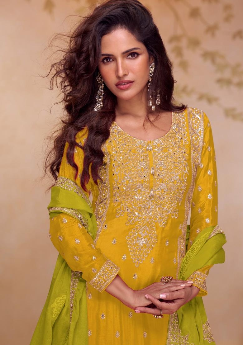 Yellow Embroidered Chinon Kurta Set - Indya