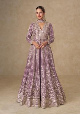 Mauve Embroidered Chinon Kurta With Dupatta