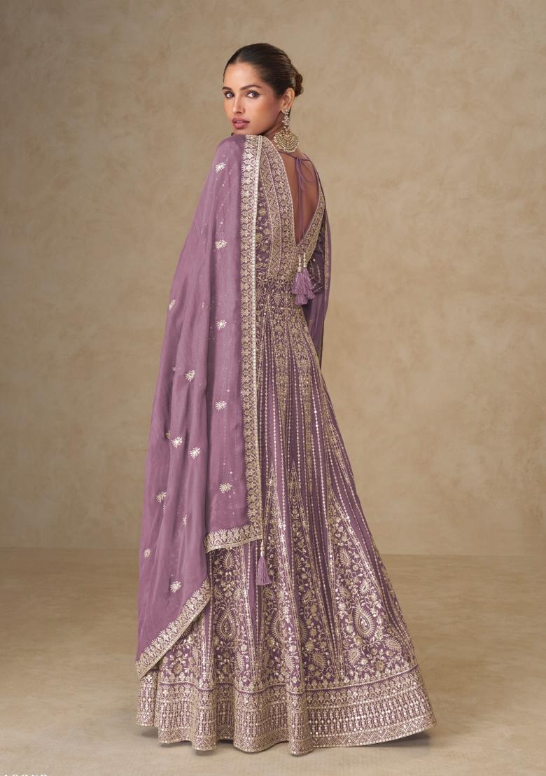 Mauve Embroidered Chinon Kurta With Dupatta - Indya