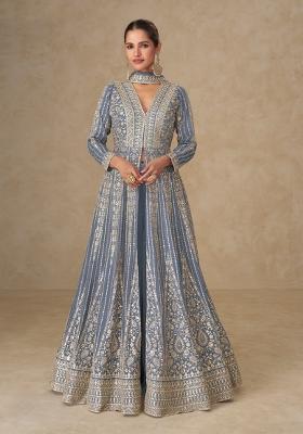 Grey Embroidered Chinon Kurta With Dupatta