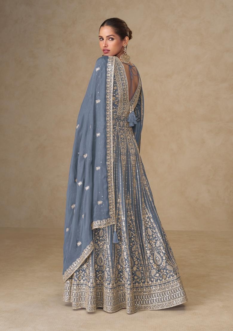 Grey Embroidered Chinon Kurta With Dupatta - Indya