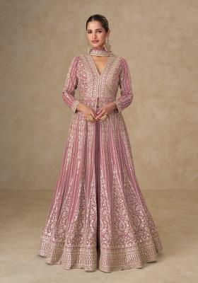 Pink Embroidered Chinon Kurta With Dupatta