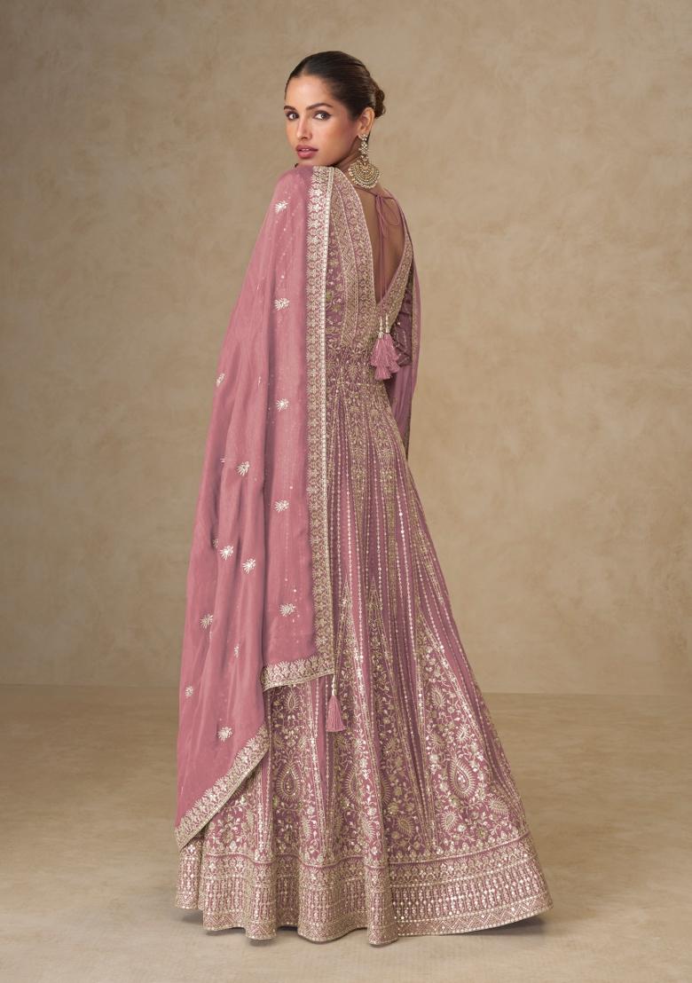 Pink Embroidered Chinon Kurta With Dupatta - Indya