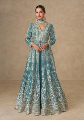 Sky Embroidered Chinon Kurta With Dupatta