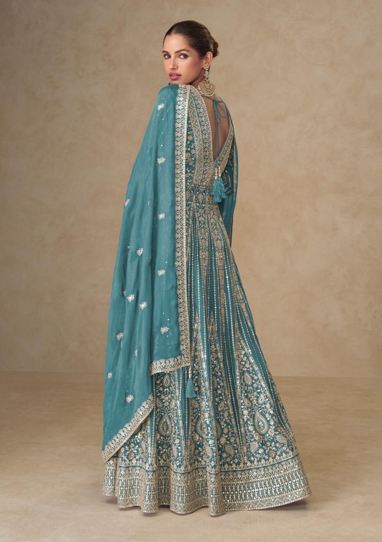 Sky Embroidered Chinon Kurta With Dupatta - Indya
