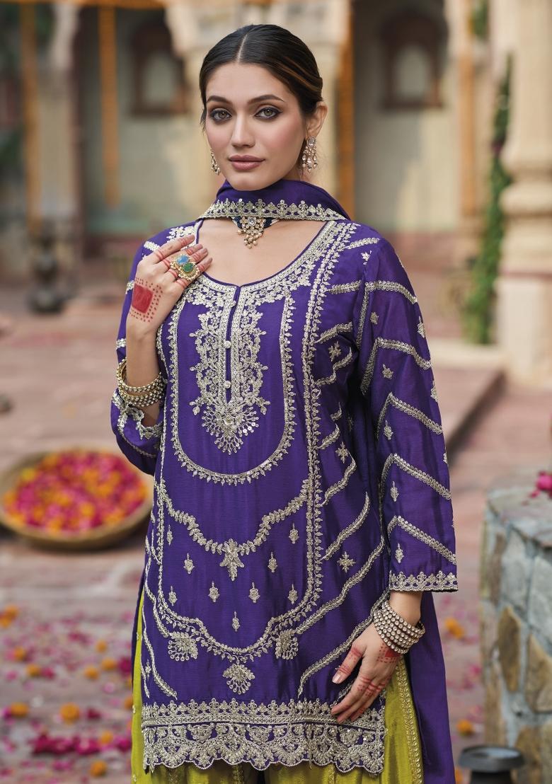 Purple Embroidered Chinon Kurta Set - Indya