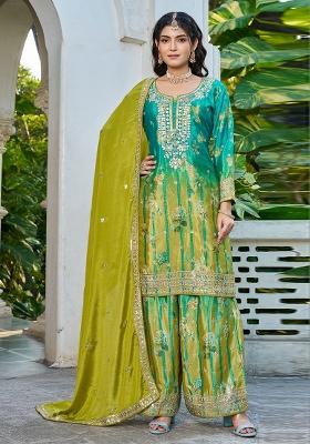 Sea Green Embroidered Chinon Kurta Set