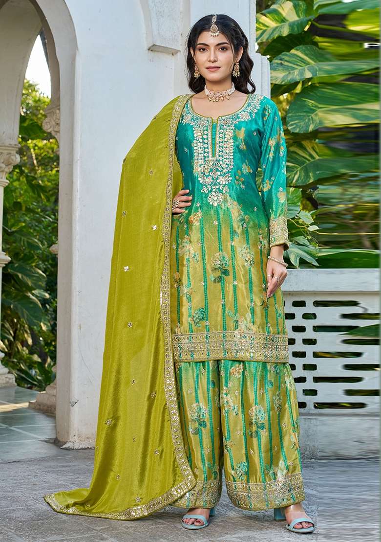 Sea Green Embroidered Chinon Kurta Set - Indya