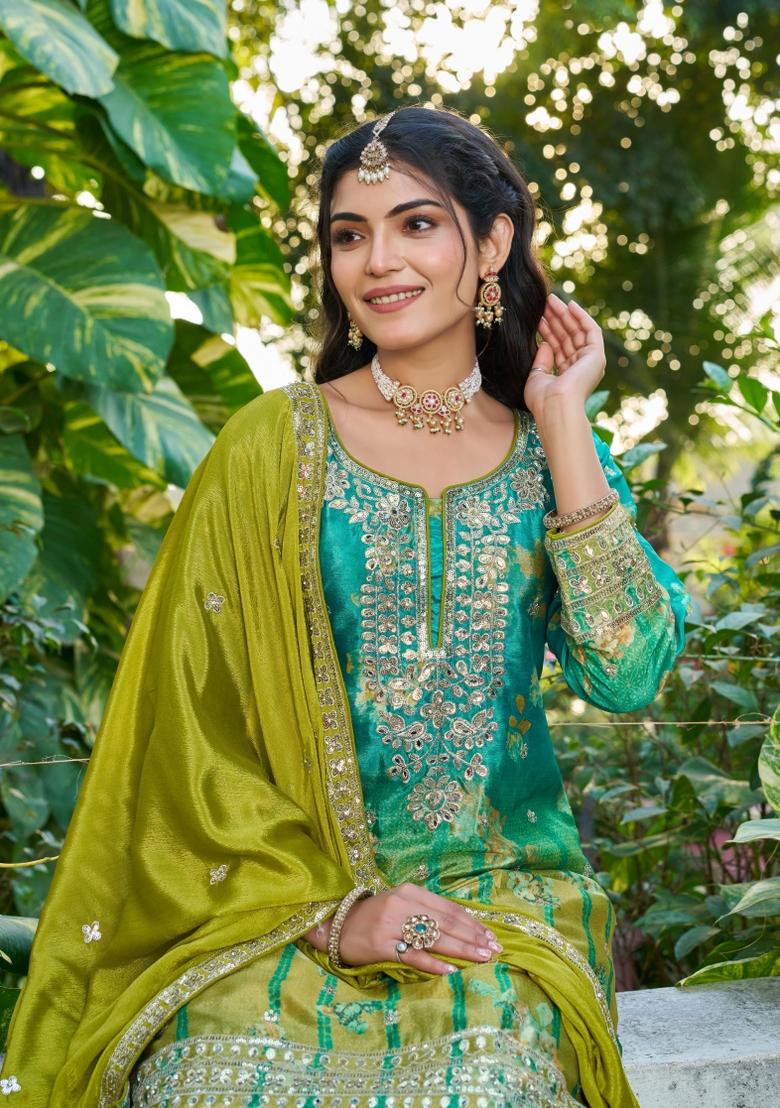 Sea Green Embroidered Chinon Kurta Set - Indya