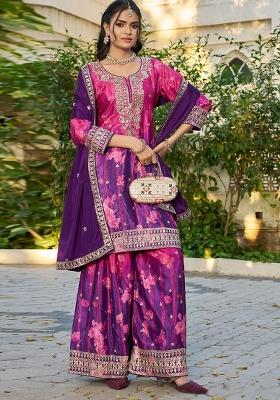 Pink And Purple Embroidered Chinon Kurta Set